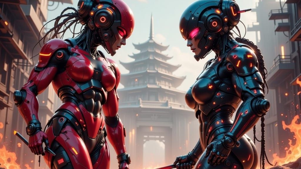 Cyberpunk Robot Samurai Duel in Futuristic Temple
