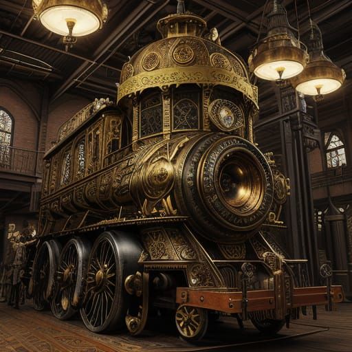Steampunk Engine Surrounded by Ornate Shields in Industrial ...