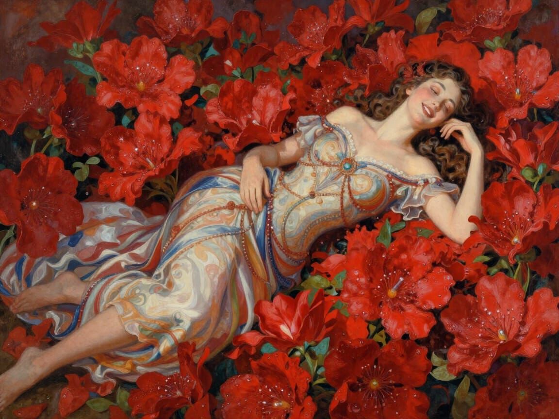 Enchanting Goddess in Crimson Flowers, Expressionistic Style