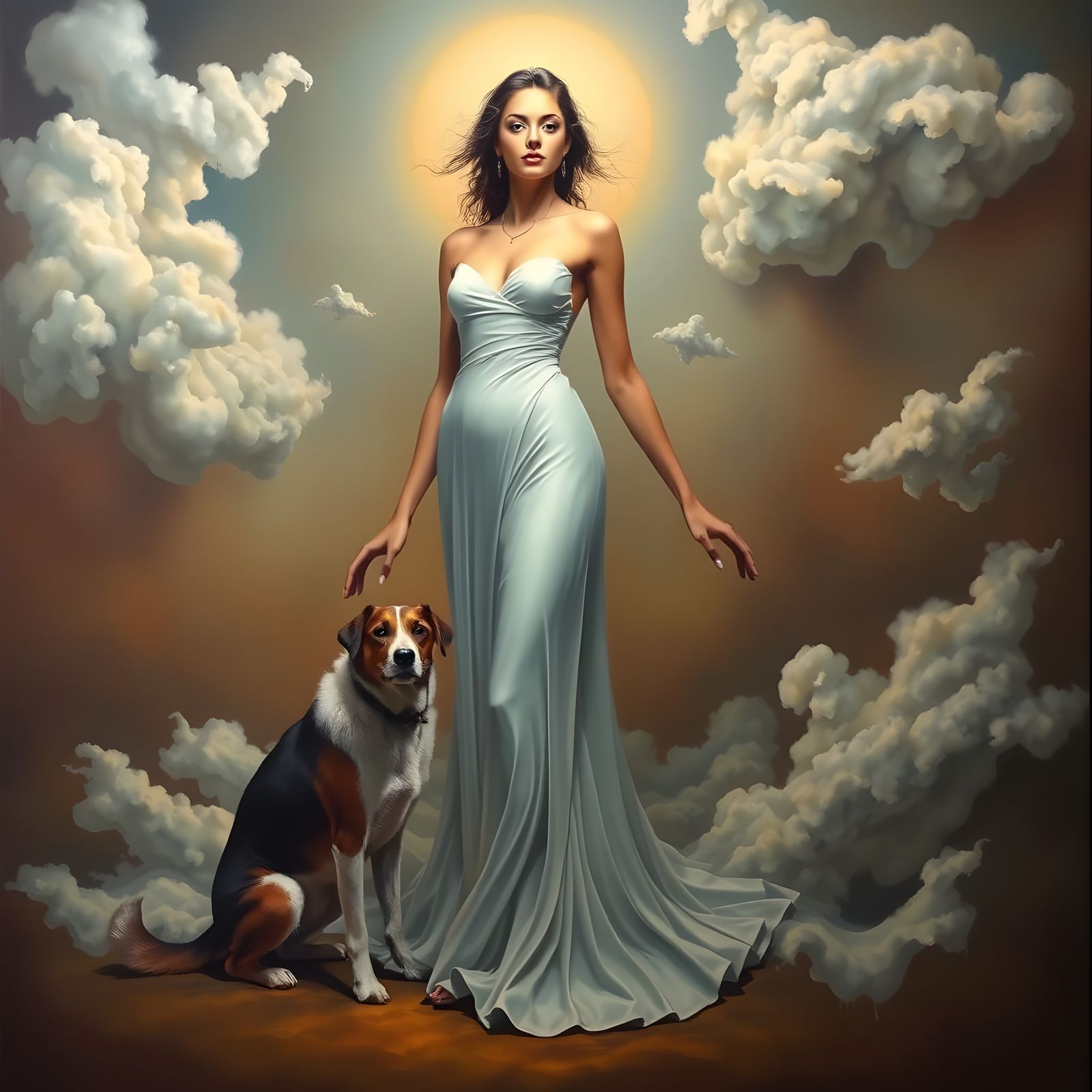 Ethereal Woman and Dog in Surrealist Landscape