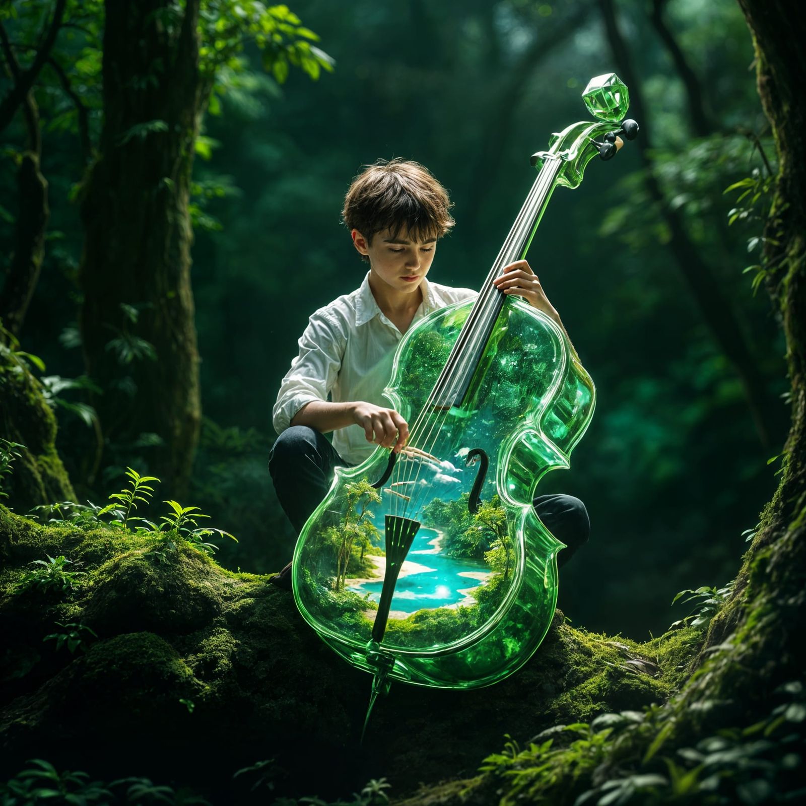 Boy Plays Crystal Cello in Forest Paradise