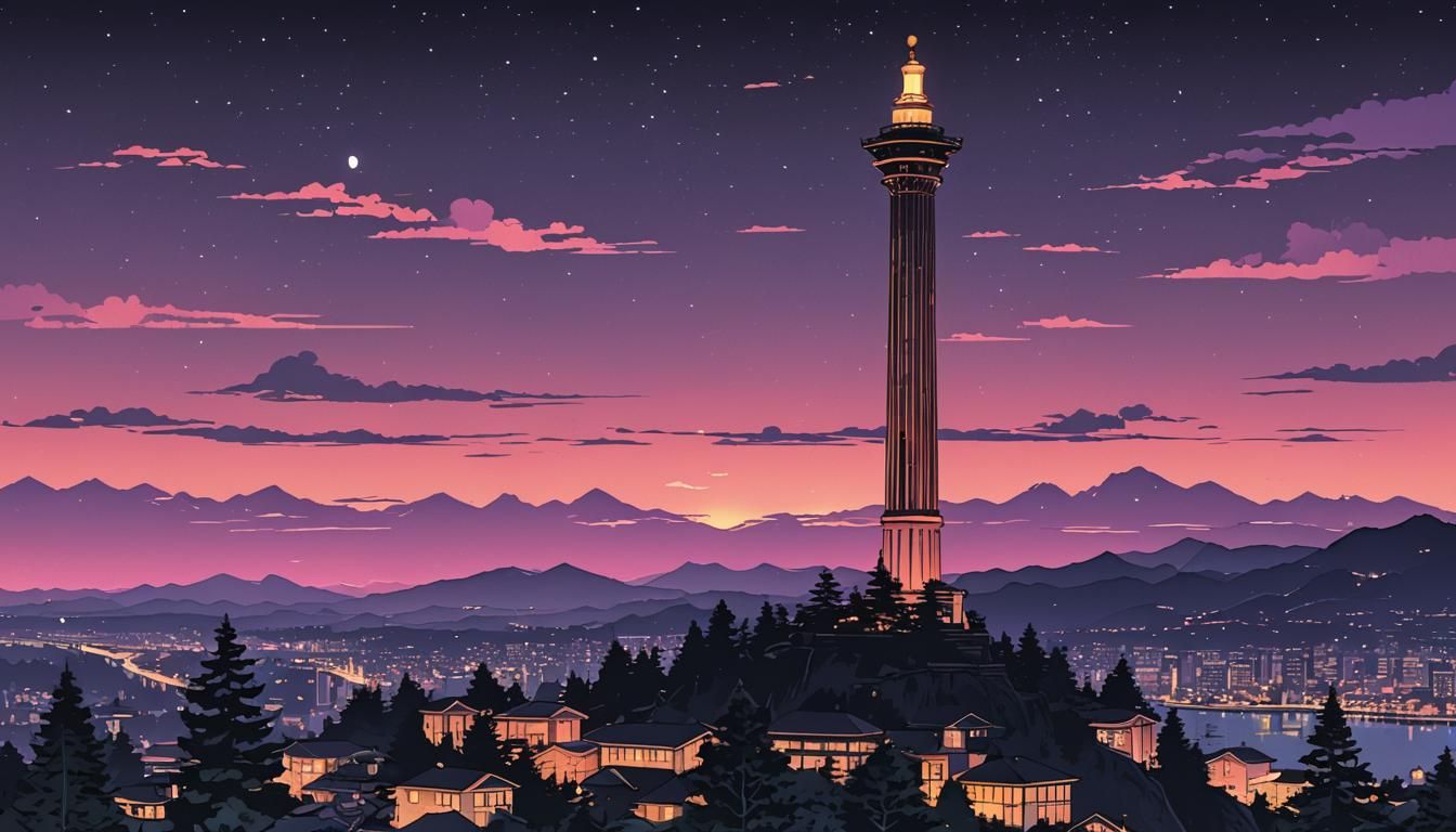 Astoria Column at Night in Synthwave Ukiyo-e Style