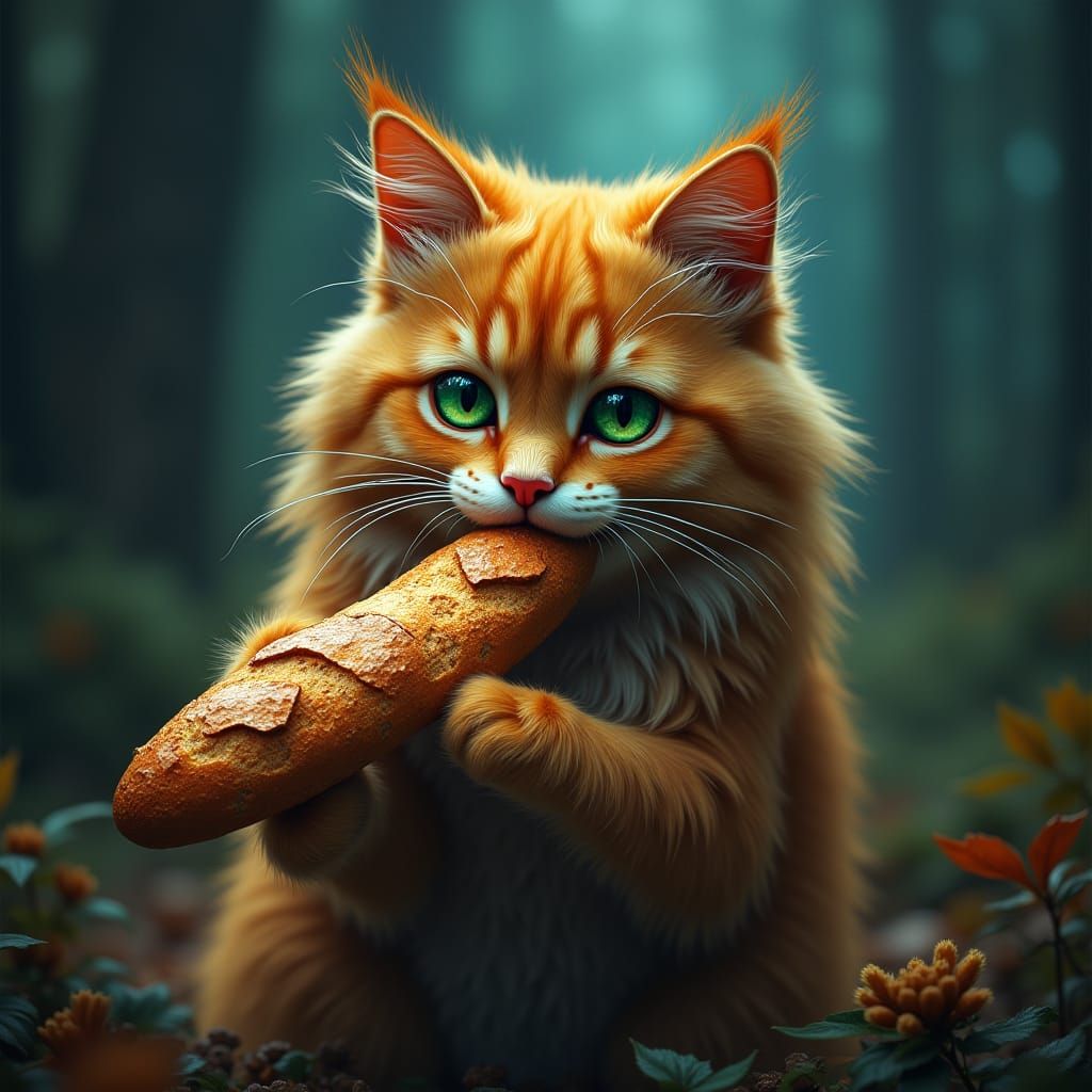Regal Cat Devouring Bread in Mystical Forest