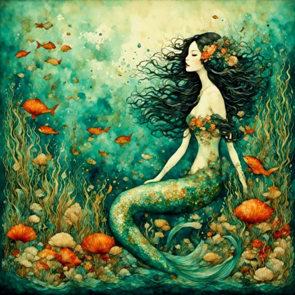 Mermaid in Ukiyo-e Style with Coral