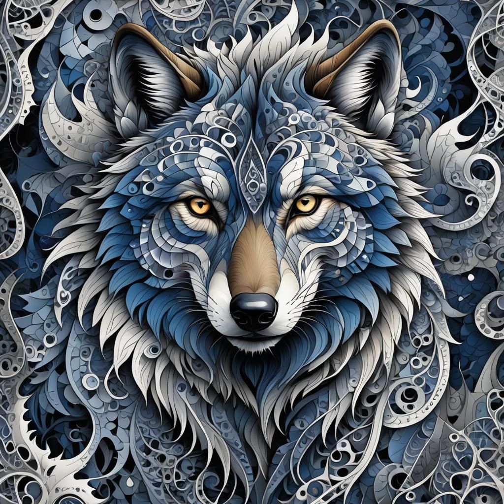 Abstract Fractal Wolf with Geometric Patterns and 3D Shading