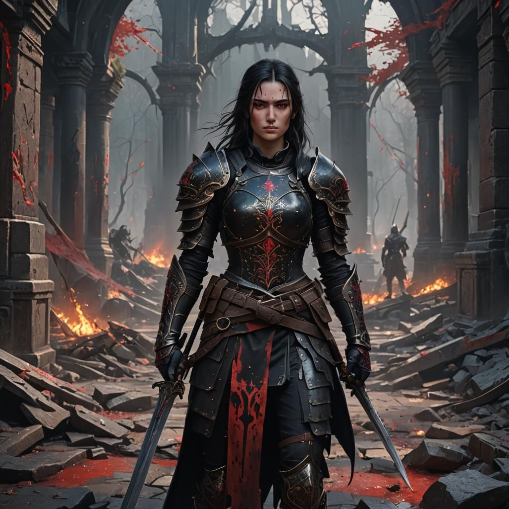 Dark-Haired Warrior in Blood-Stained Armor