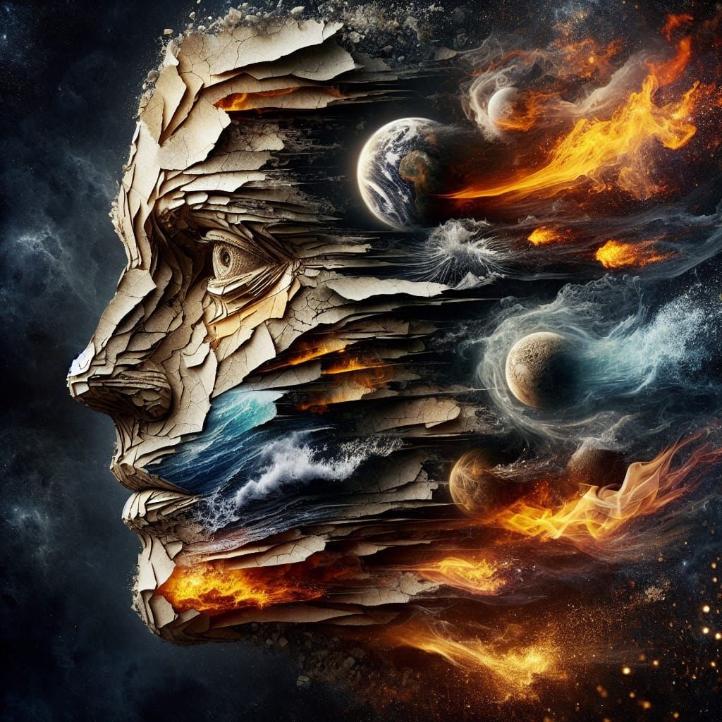 Elemental Face: Double Exposure Art of Earth, Fire, Water, A...
