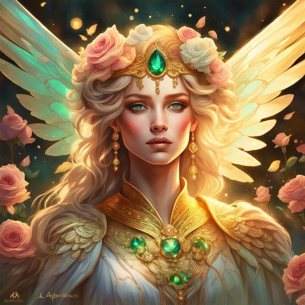 Angelic Goddess with Rosé Wings and Emerald Eyes