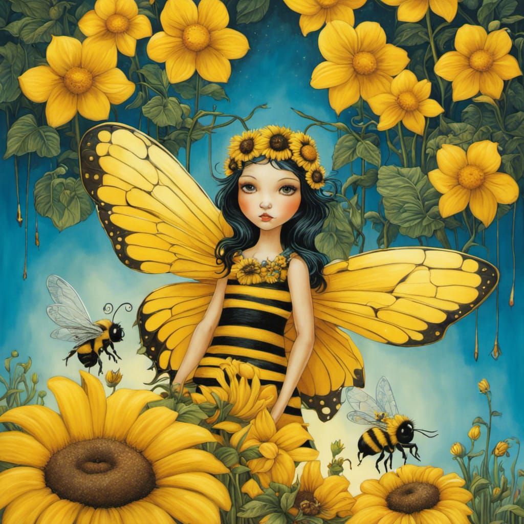 Bumblebee Fairy in Art Brut Style with Yellow Flowers