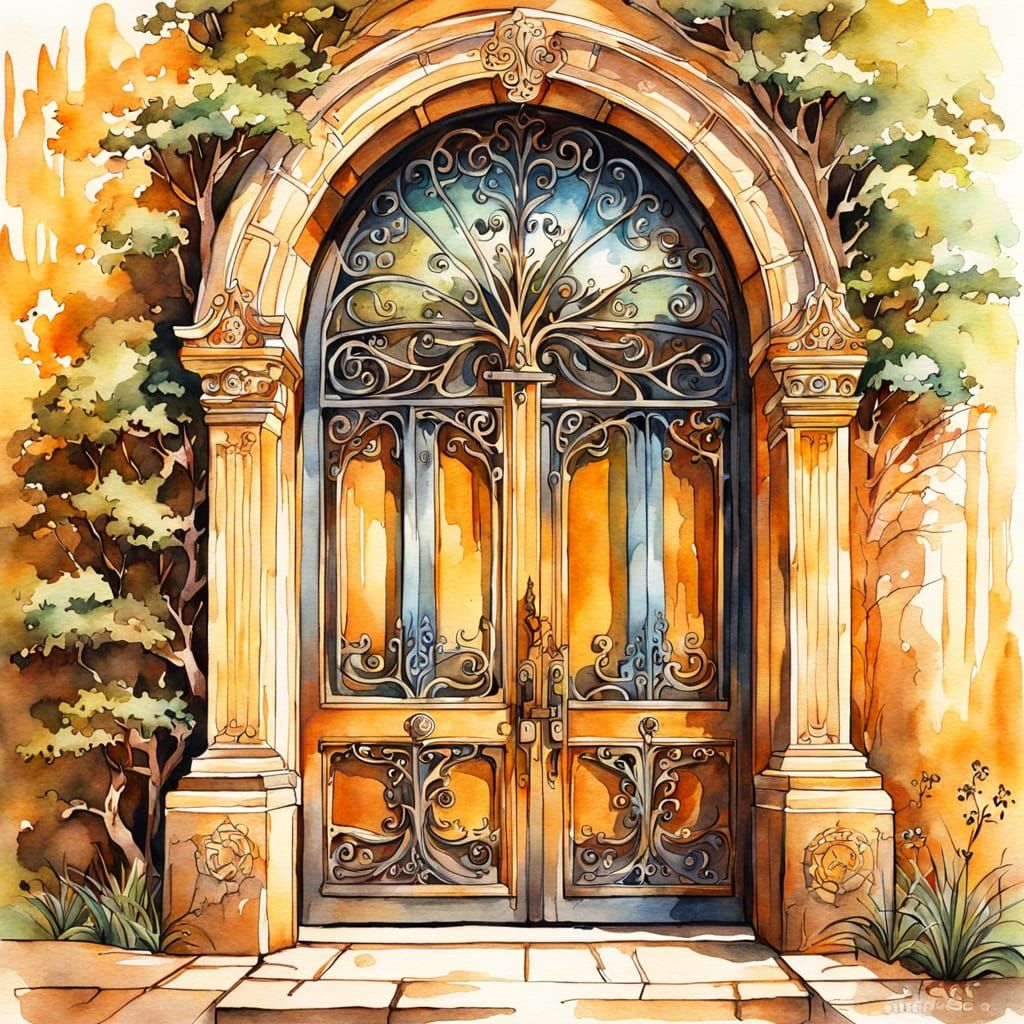 Whimsical Door in Tree Trunk, Watercolor Sketch
