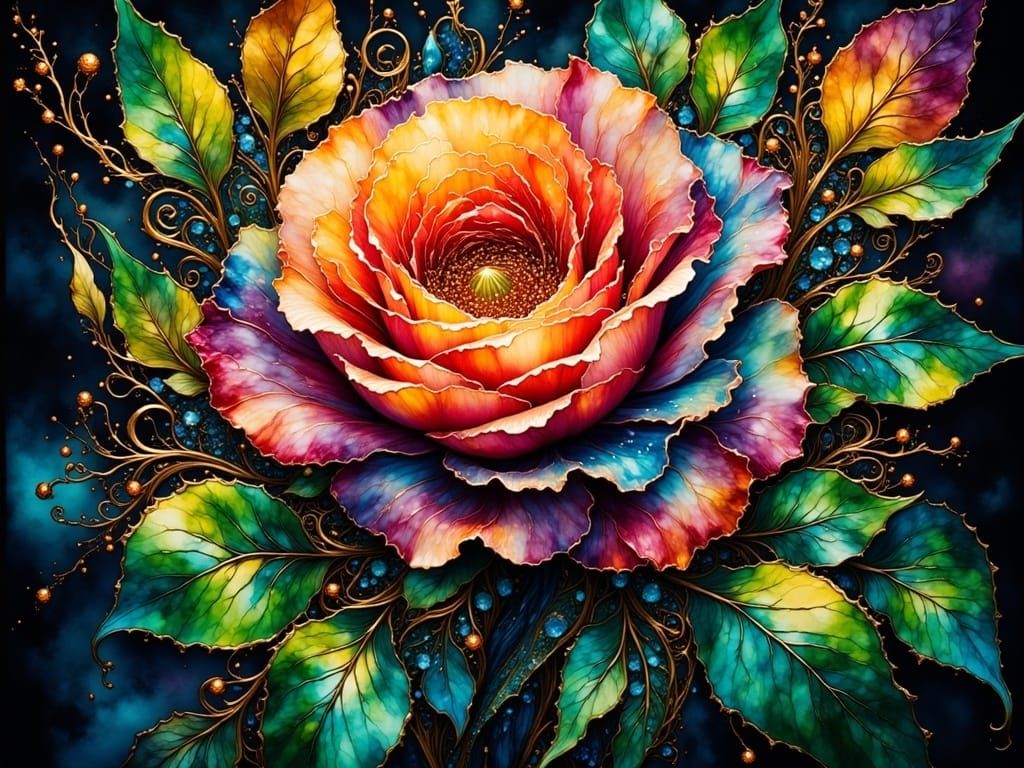 Ink Splatter Rose Art with Gold Filigree