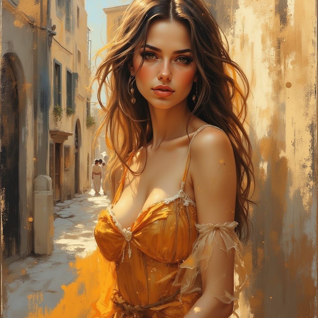 Oil Painting of Elegant Woman in Golden Light