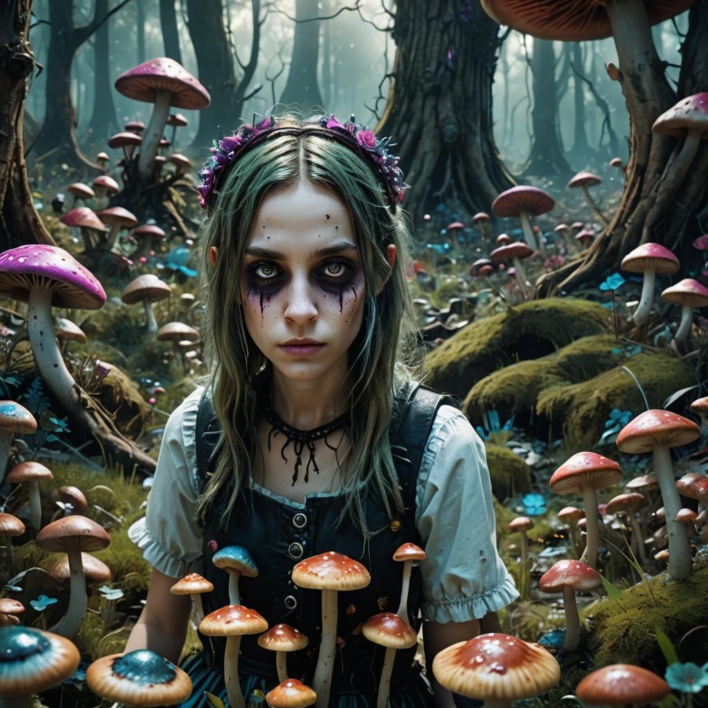 Gothic Punk Alice in Bioluminescent Forest