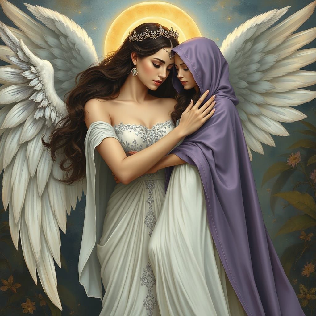 Angel Mother Embracing Goddess of the Hunt in Ethereal Harmo...