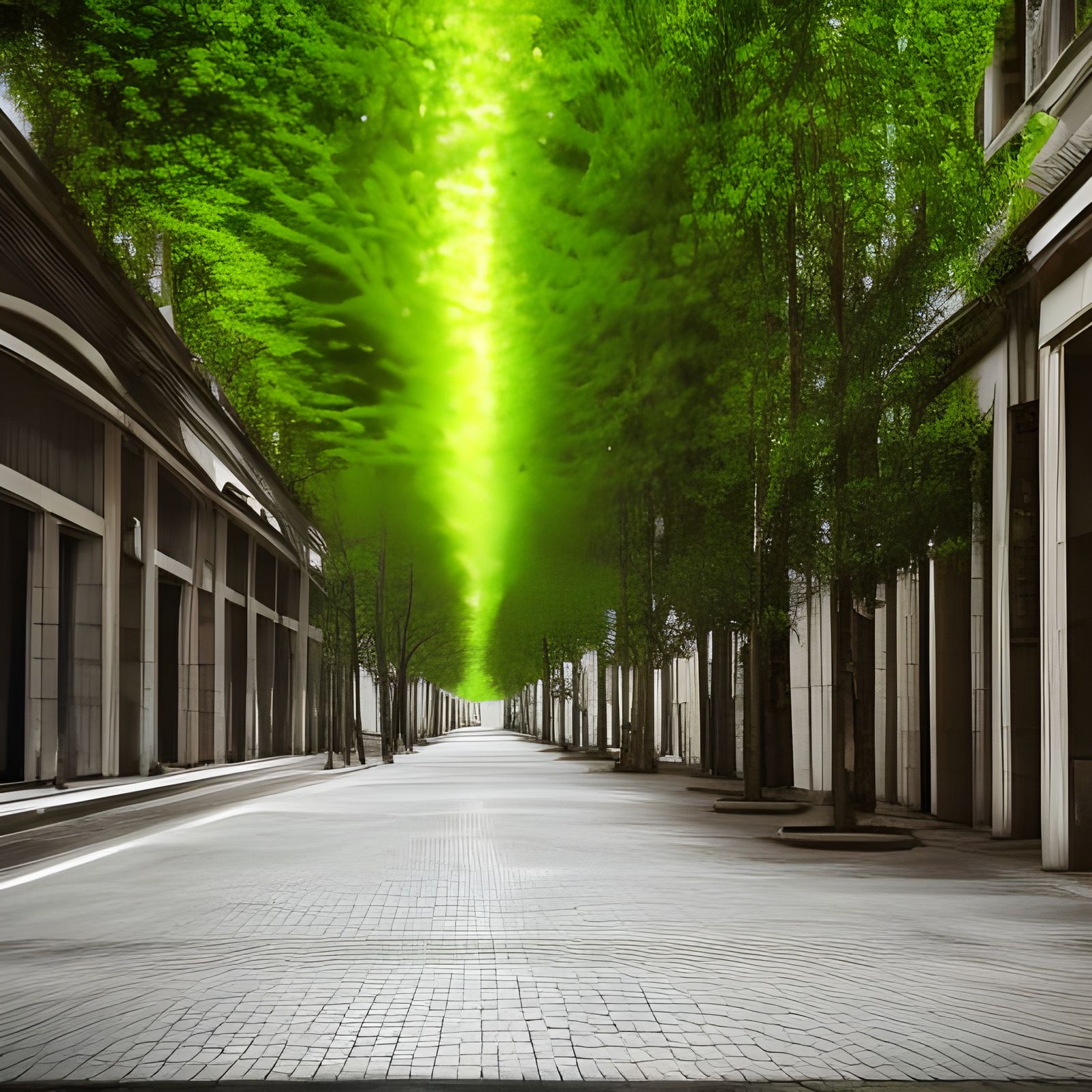 Hyperrealistic Deserted Cityscape with Overgrown Vegetation