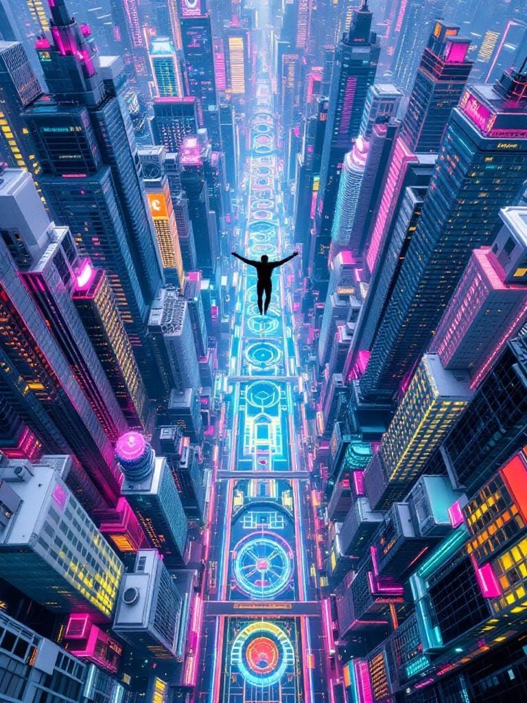 Skydiver Above Cyberpunk City in Op Art Style