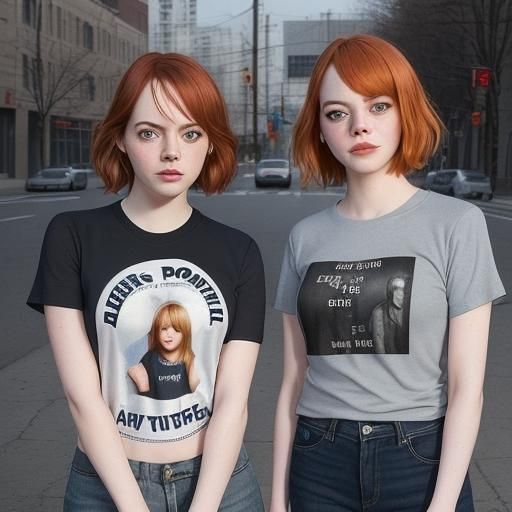 Emma Stone sports T-shirt with the name of the composer for Poor Things as she poses with director Yorgos Lanthimos for ...