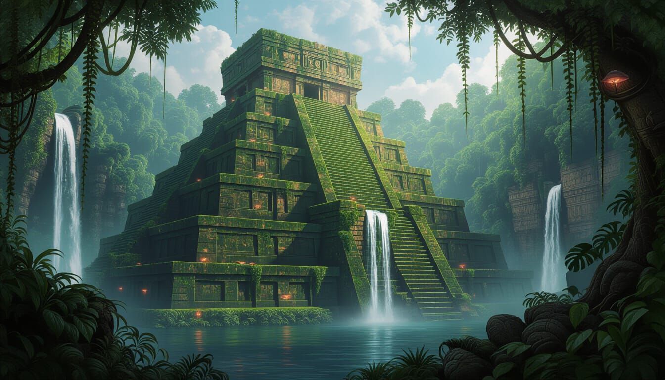 Misty Jungle Ziggurat Lost City with Waterfalls