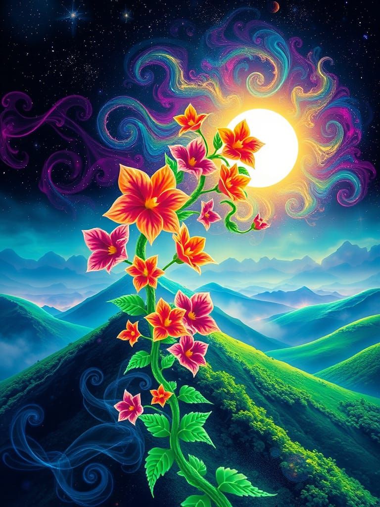 Emerald Vine Reaches for Sun in Biominous Alcohol Ink Style