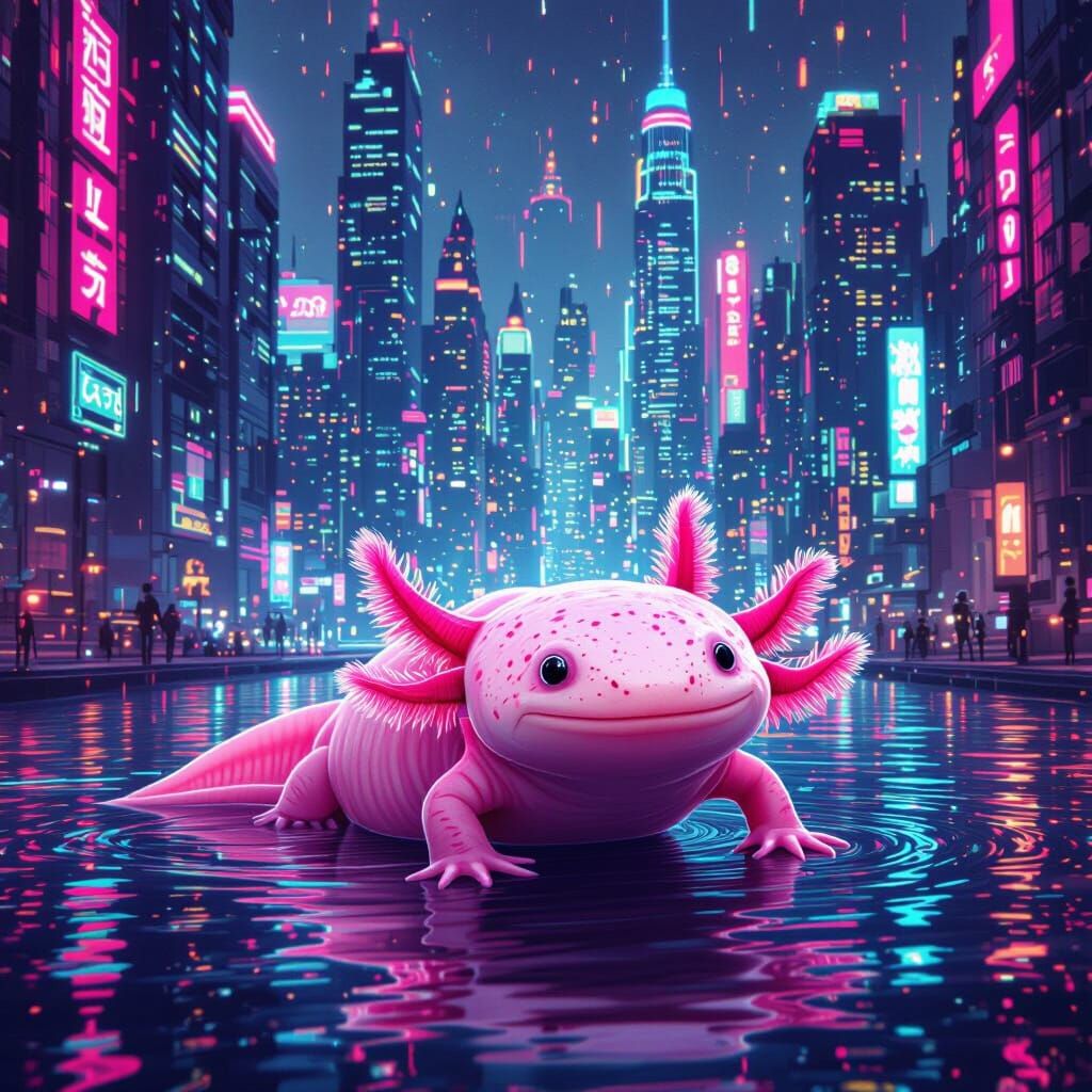 Neon Axolotl in Retro-Futuristic Cityscape