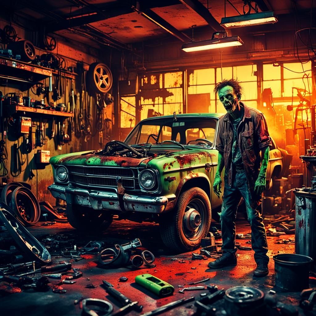 Zombie in Abandoned Auto Repair Shop: Horror Still