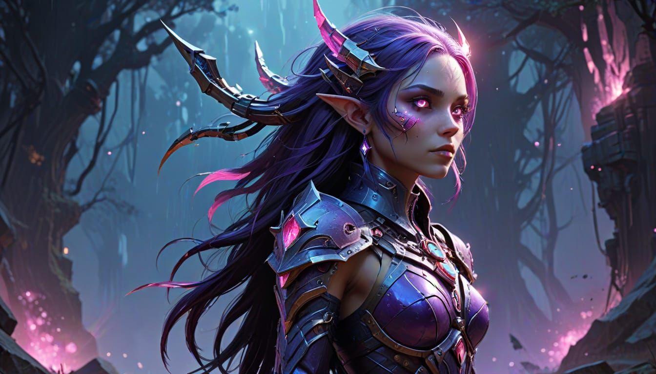 Violet Dark Elf Goddess in Cyberpunk Fantasy Style