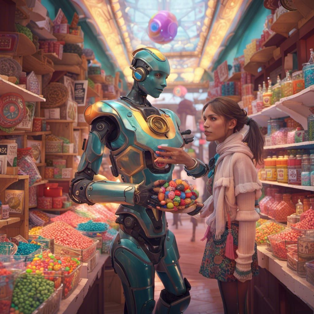 Robot Sells Candy in Hyperdetailed Art Nouveau Style