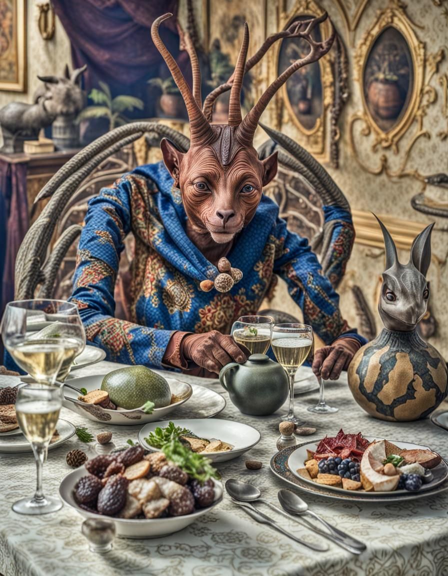 Surreal Alien Restaurant Celebration in Magical Realism