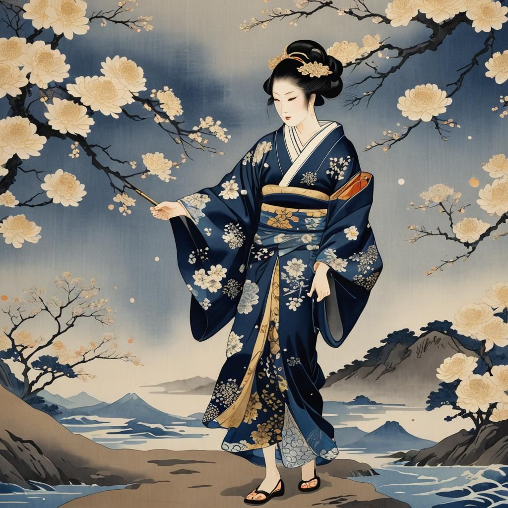 Elegant Woman in Kimono: A Japanese Ukiyo-e Portrait