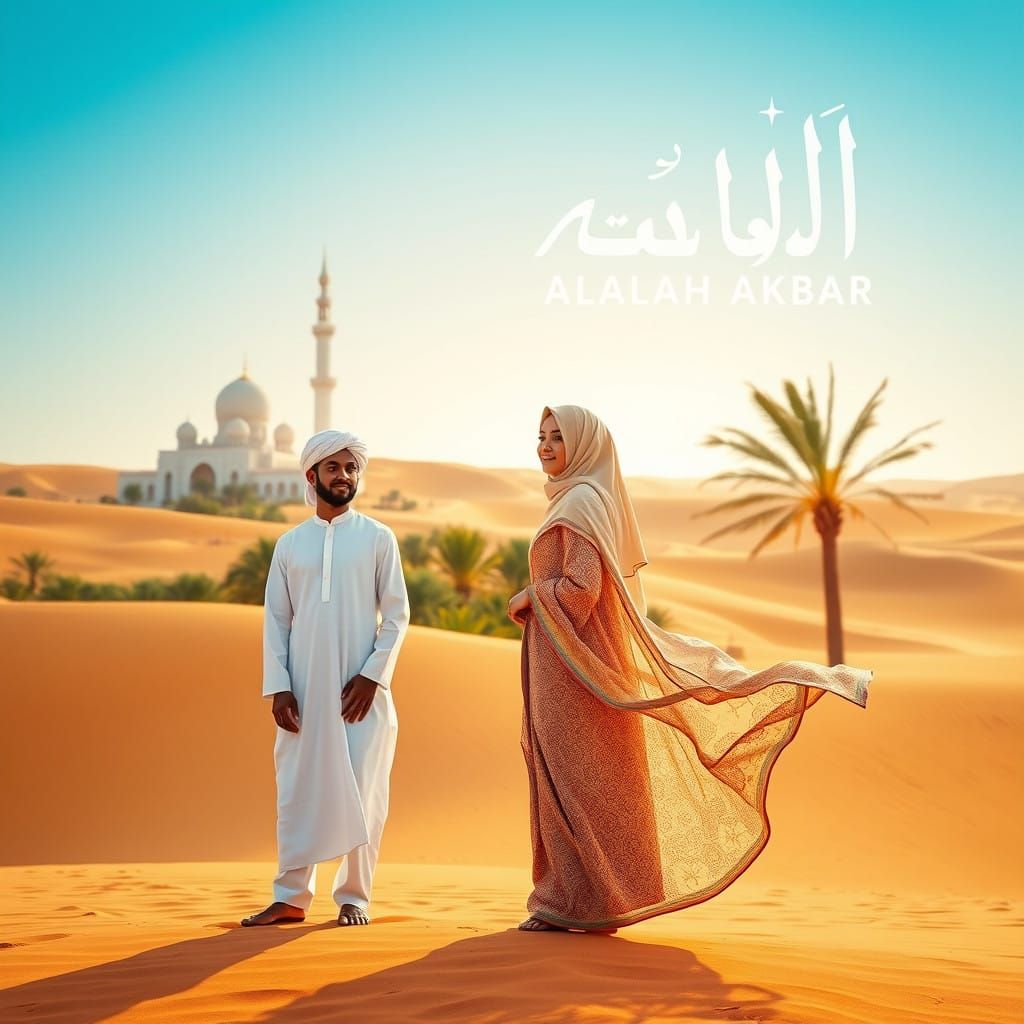 Traditional Modest Couple Amidst Majestic Sahara Landscape