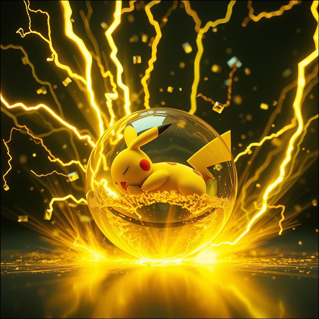 Pikachu Sleeps as Pokeball Explodes in Hyperrealism