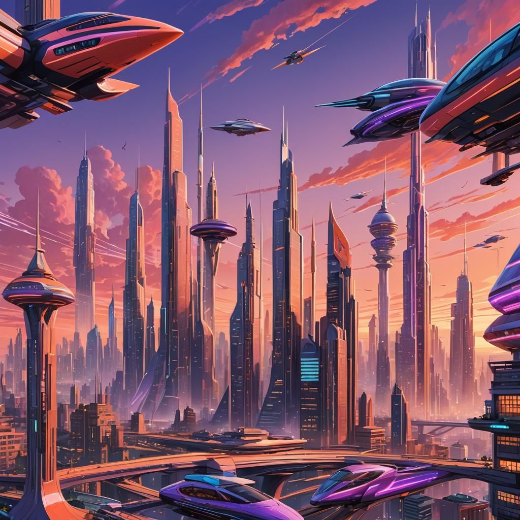 a beautiful 1950s city of the future, in the style of Klaus Burgle, background of sunset