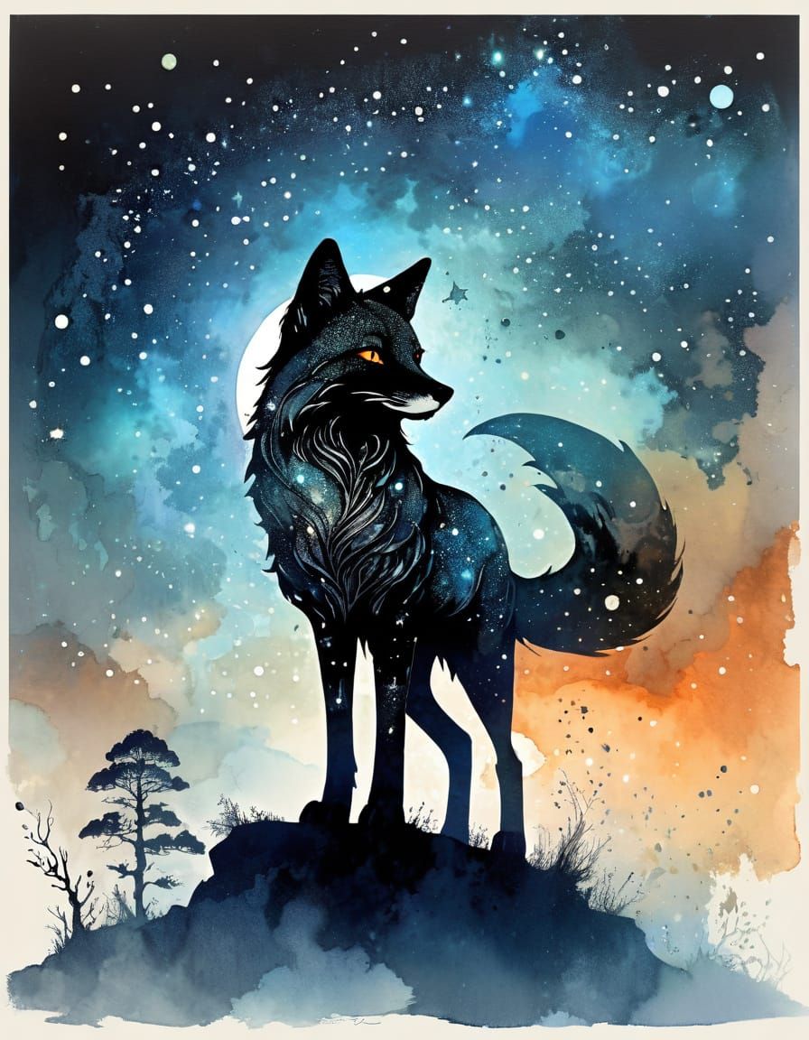 Fox Silhouette with Stars and Nebula