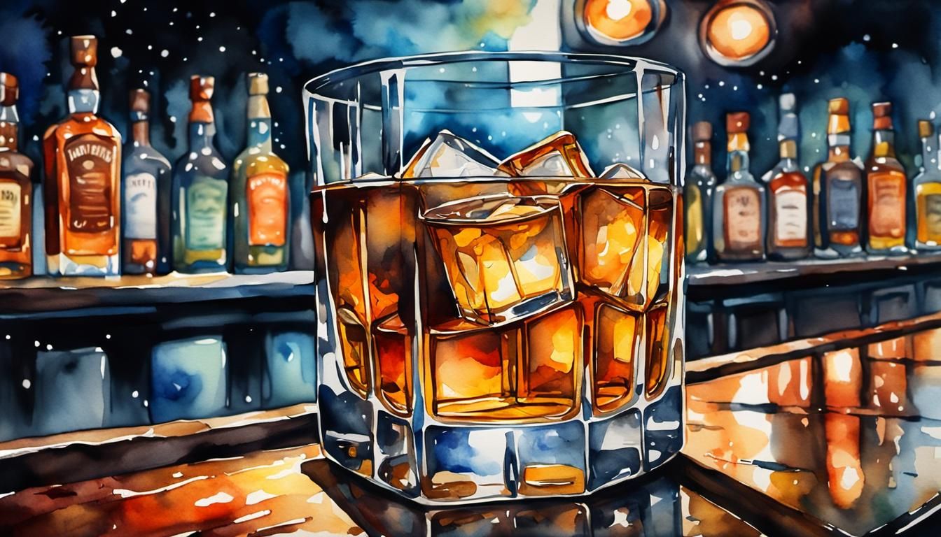 Abstract Watercolor Whiskey Glass on Bar