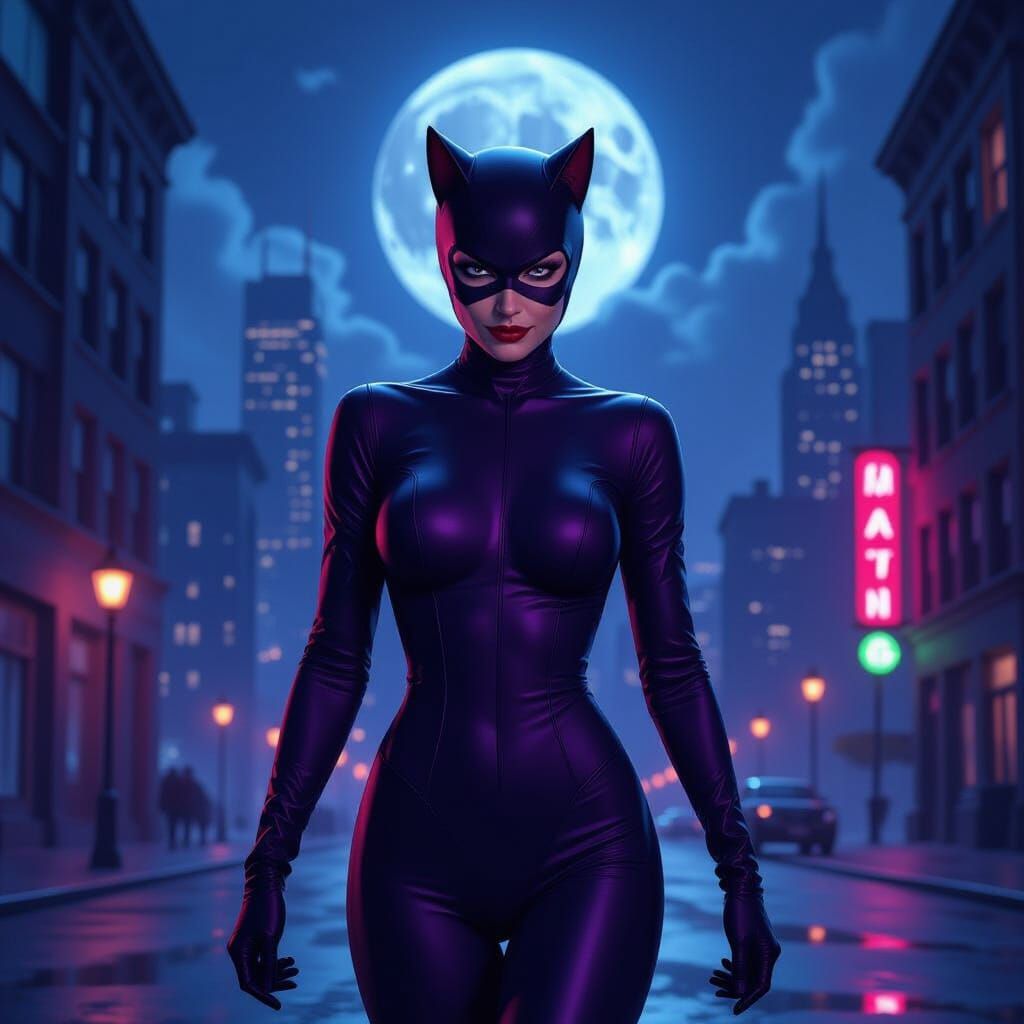 Catwoman Silhouette Against Moonlit Gotham