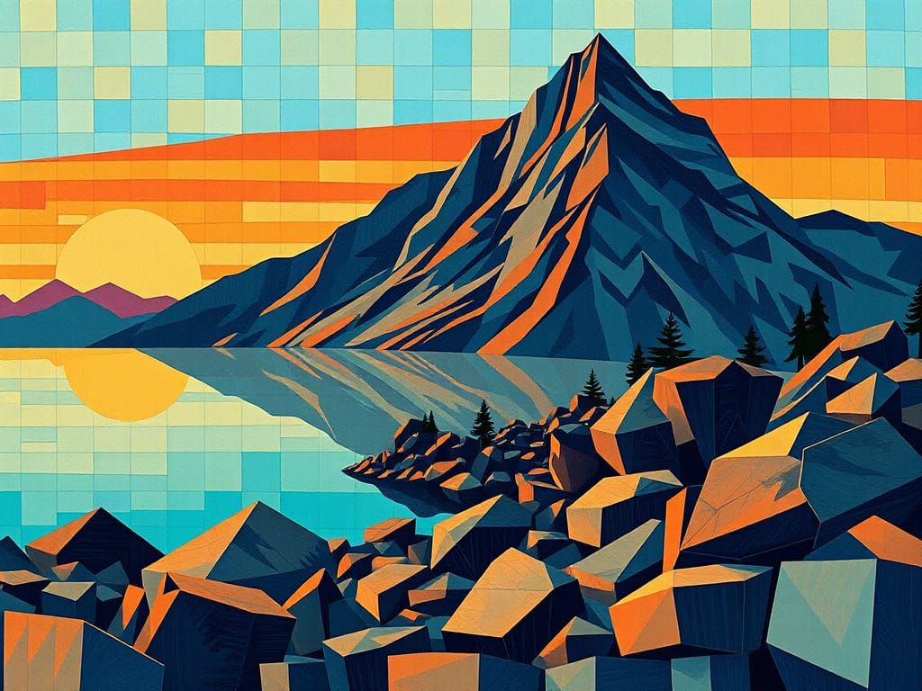 Geometric Abstraction of a Sunset Lake Scene in Vibrant Mosa...