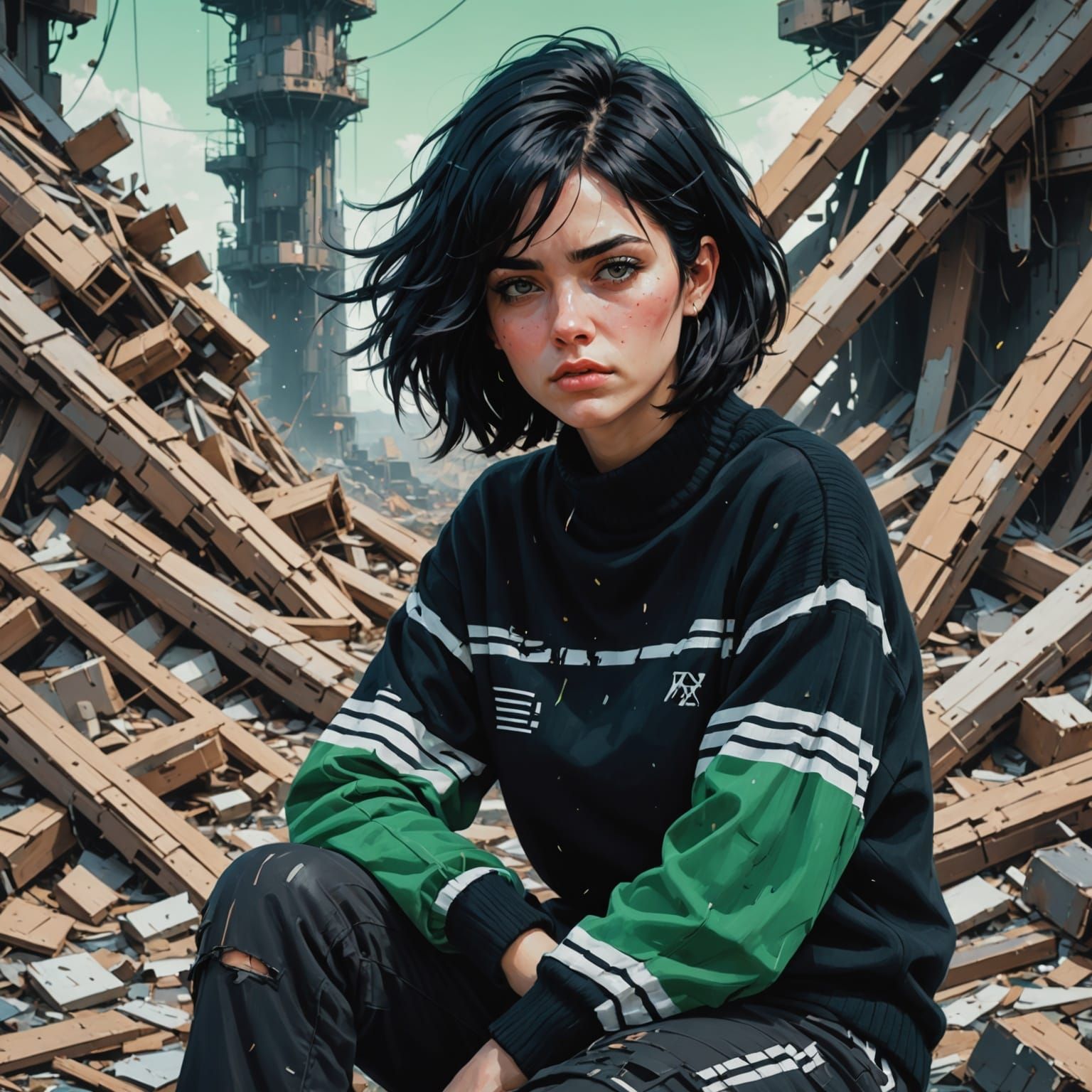 Distressed Woman in Glitchy Sci-Fi Portrait