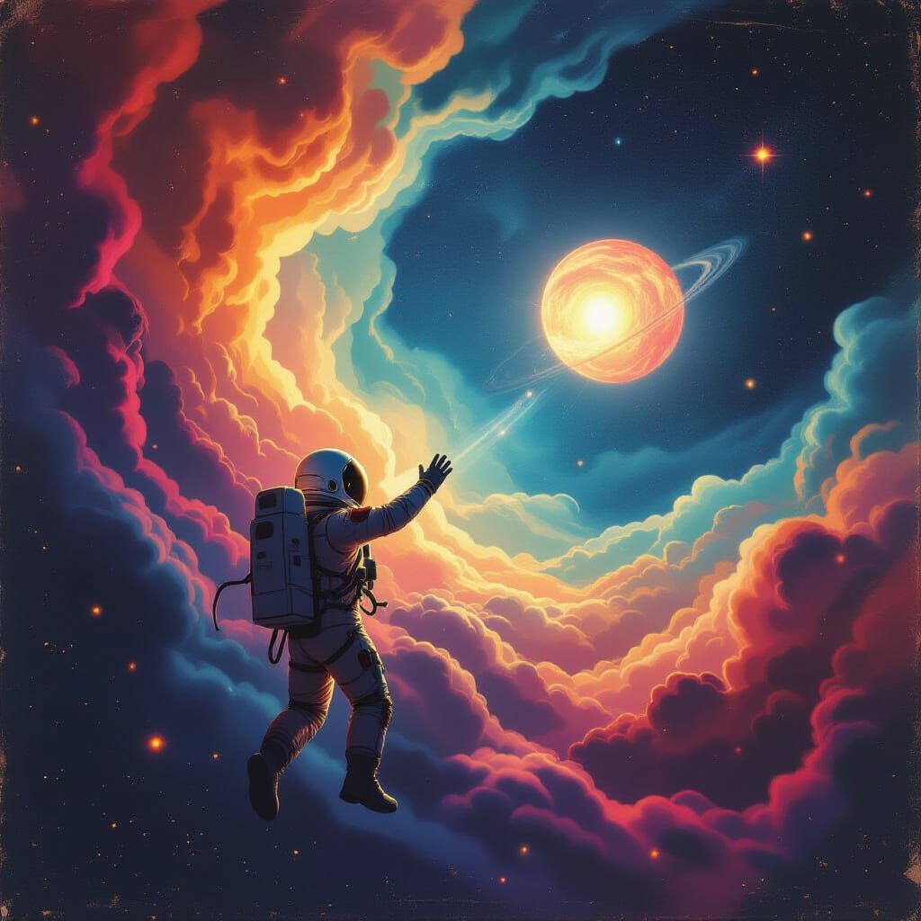 Astronaut Adrift in Nebula Reaching for Planet in Retro Styl...