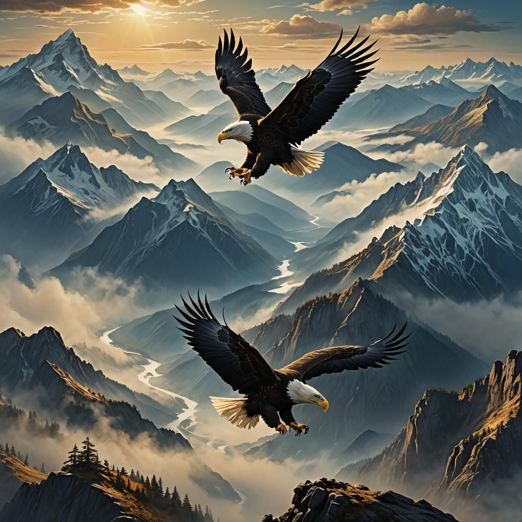 Eagles Soaring Over Misty Mountains: Matte Painting