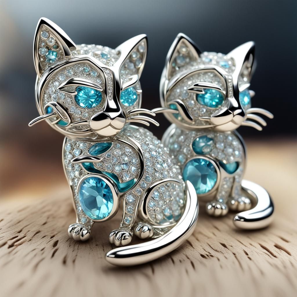 Futuristic Cat Earrings with Diamond and Aquamarine