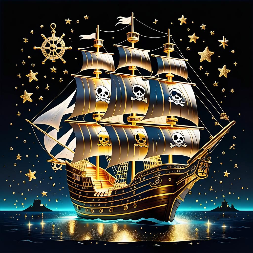 Golden Pirate Ship Shimmers with Stars