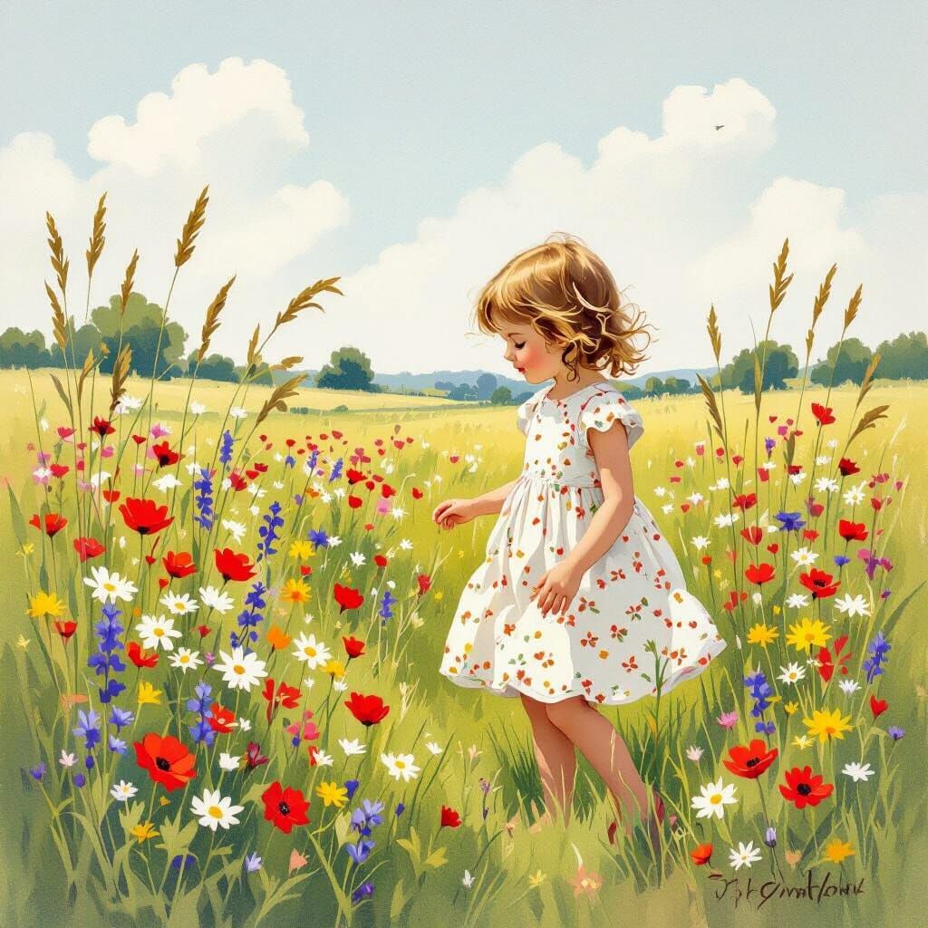 Girl in Wildflower Meadow, Whimsical Illustration