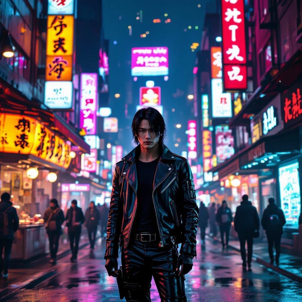 Takemura in Night City Street Scene, Cyberpunk Aesthetic