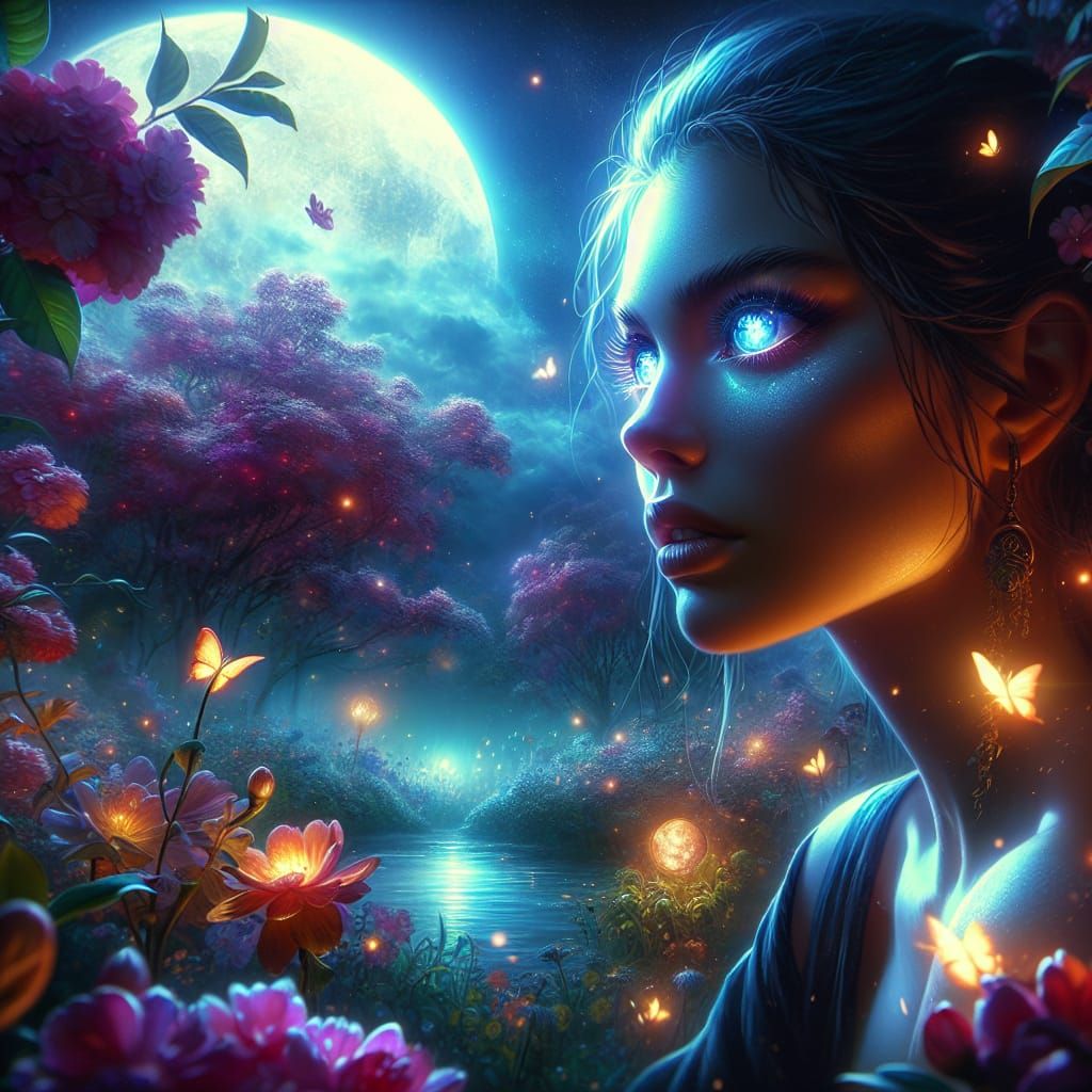 Moonlit Garden: Sapphire Eyes in Matte Painting Style