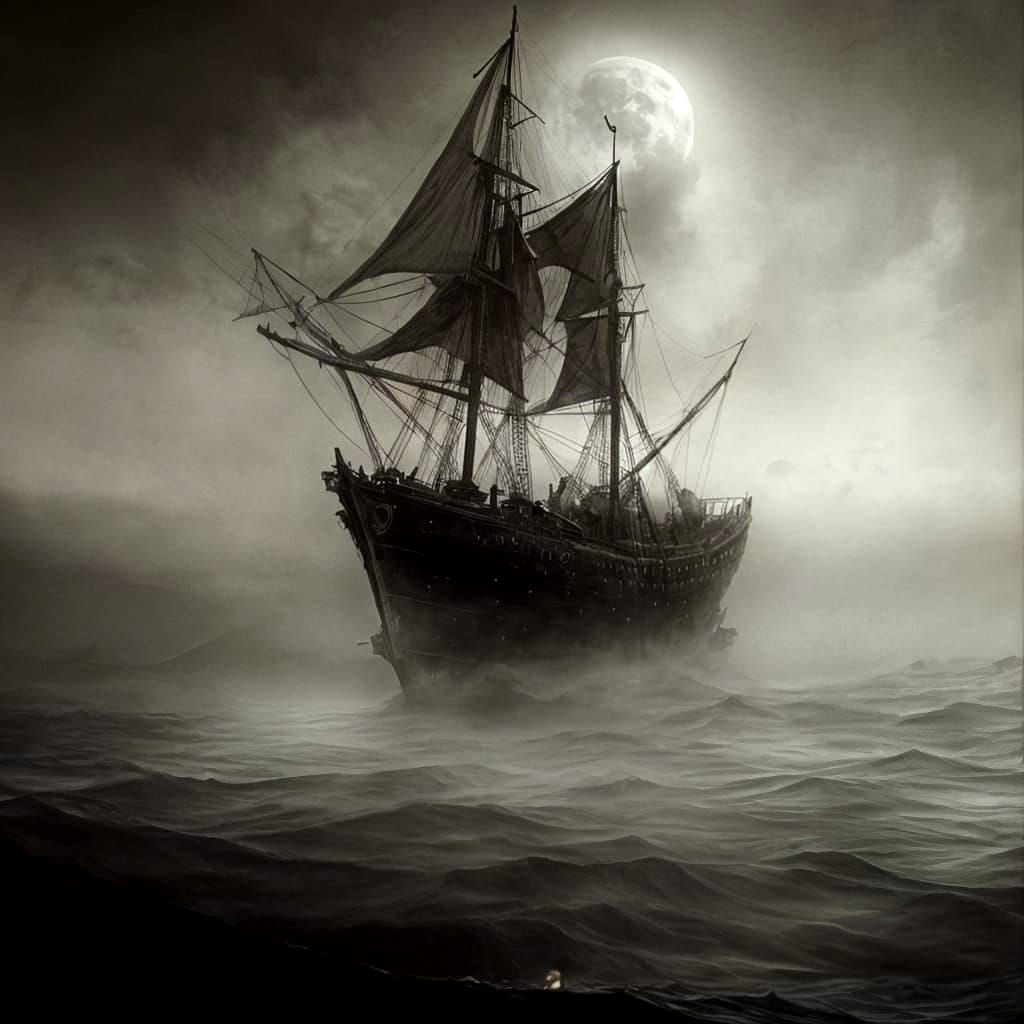 Surreal Ghost Ship on Calm Sea at Night