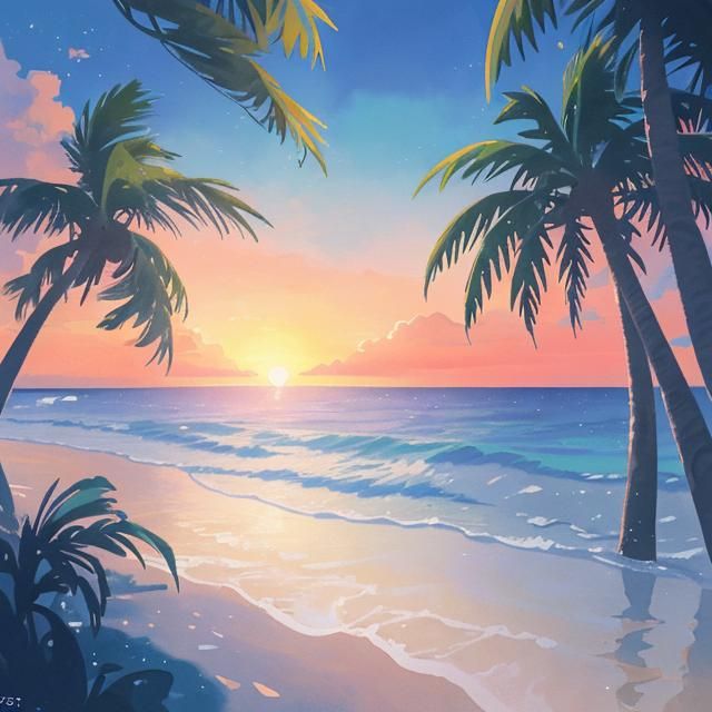 Beach Sunset in Watercolor Anime Style