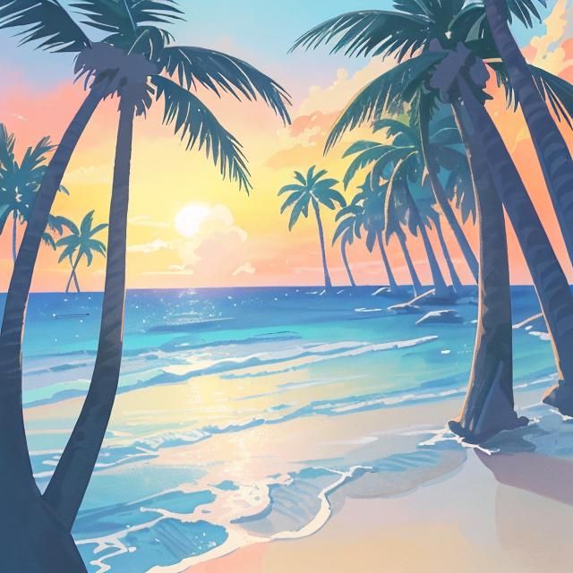 Beach Sunset Watercolor Painting in Anime Style