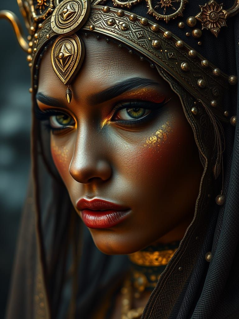 High-Fantasy Queen with Gilded Veil in Impasto Style