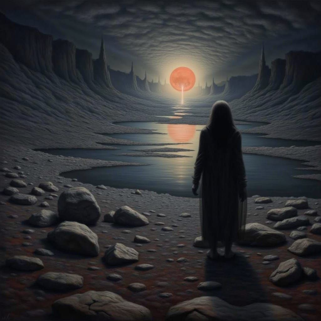 Lone Figure on Desolate Plain Under Blood Sky