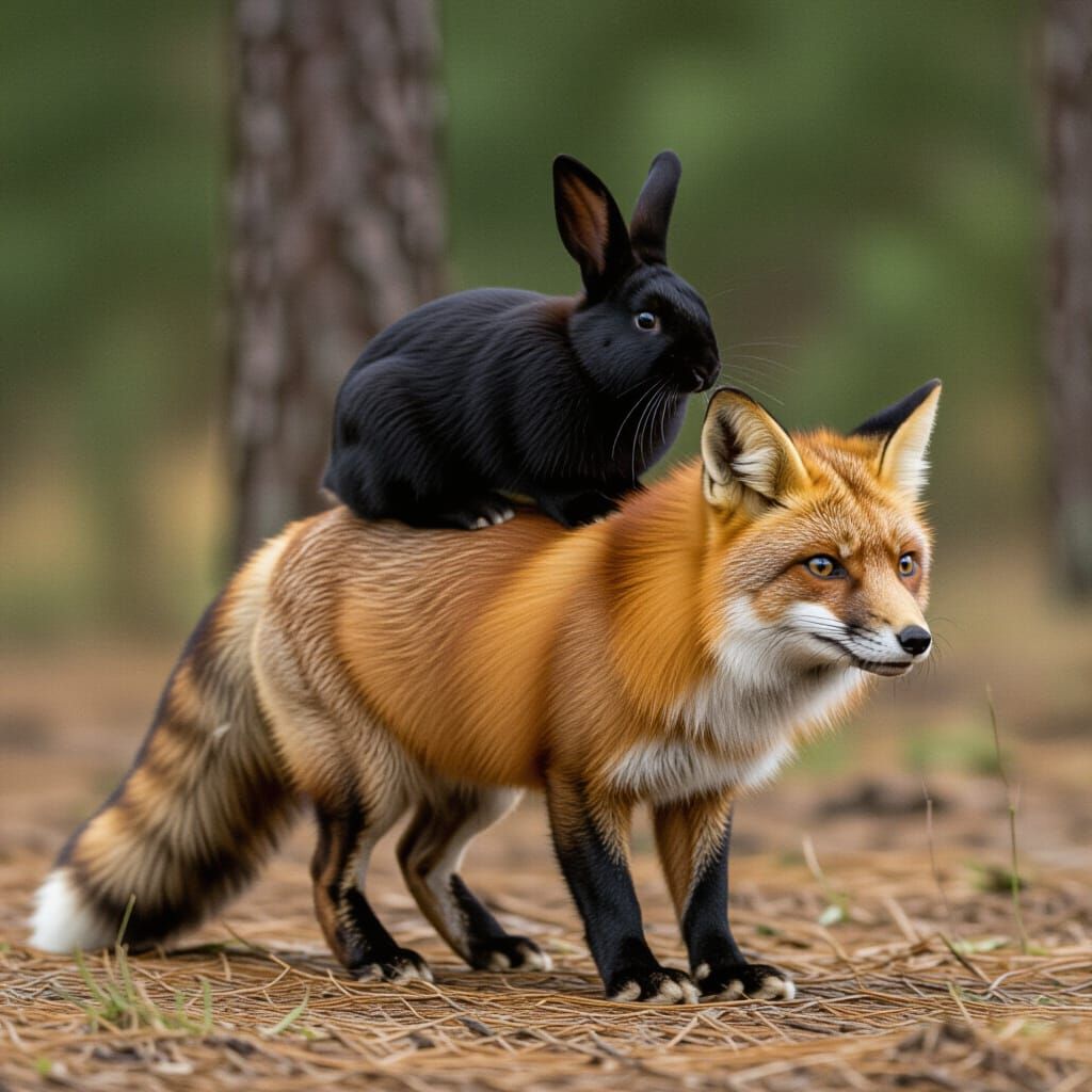 Black Rabbit Rides a Fox in Artistic Rendering